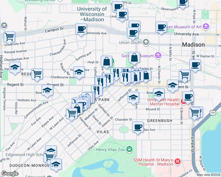 map of restaurants, bars, coffee shops, grocery stores, and more near in Madison