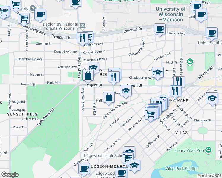 map of restaurants, bars, coffee shops, grocery stores, and more near in Madison