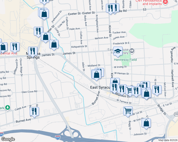 map of restaurants, bars, coffee shops, grocery stores, and more near 109 West Avenue in East Syracuse