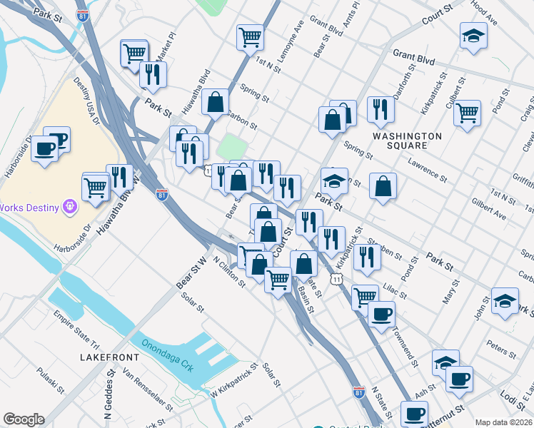 map of restaurants, bars, coffee shops, grocery stores, and more near 1407 North Salina Street in Syracuse