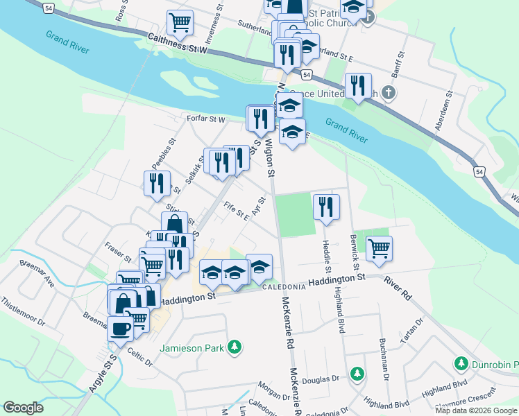 map of restaurants, bars, coffee shops, grocery stores, and more near 63 Renfrew Street East in Caledonia