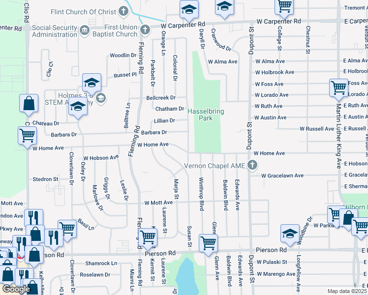 map of restaurants, bars, coffee shops, grocery stores, and more near 6101 Sally Court in Flint