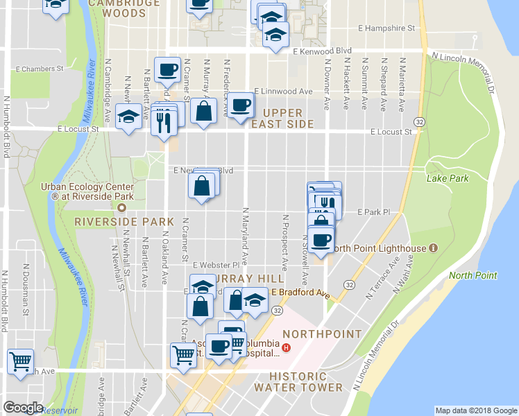 map of restaurants, bars, coffee shops, grocery stores, and more near 2723 North Farwell Avenue in Milwaukee