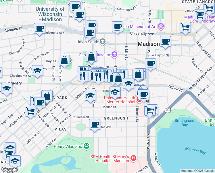 map of restaurants, bars, coffee shops, grocery stores, and more near 1235 Regent Street in Madison