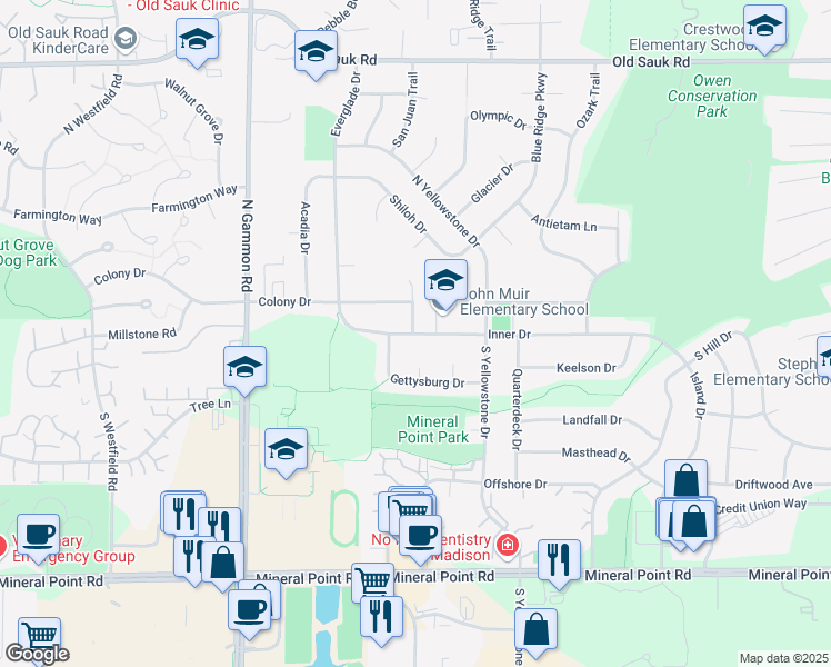 map of restaurants, bars, coffee shops, grocery stores, and more near 6602 Inner Drive in Madison