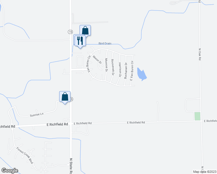 map of restaurants, bars, coffee shops, grocery stores, and more near 154 Monroe Drive in Davison