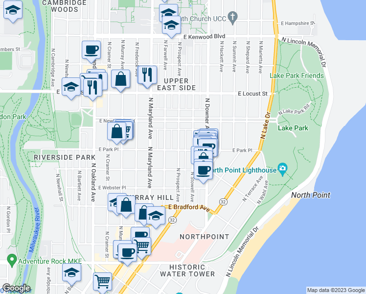 map of restaurants, bars, coffee shops, grocery stores, and more near 2406 East Park Place in Milwaukee