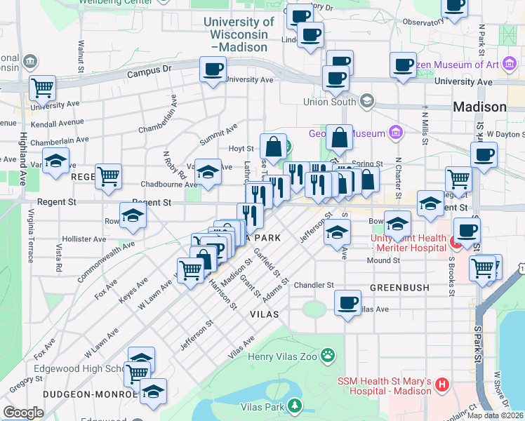map of restaurants, bars, coffee shops, grocery stores, and more near 1598 Little Street in Madison