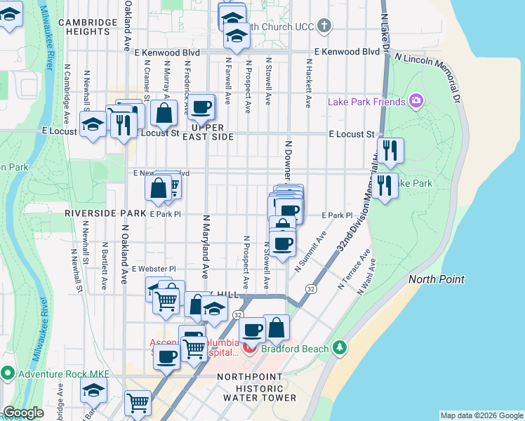 map of restaurants, bars, coffee shops, grocery stores, and more near 2728 North Stowell Avenue in Milwaukee