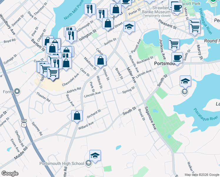 map of restaurants, bars, coffee shops, grocery stores, and more near 446 Union Street in Portsmouth