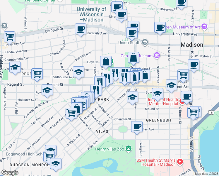 map of restaurants, bars, coffee shops, grocery stores, and more near in Madison