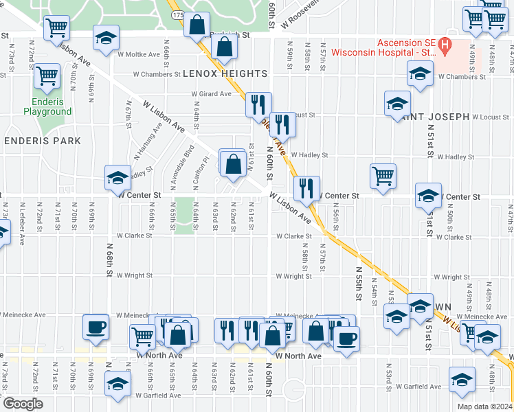 map of restaurants, bars, coffee shops, grocery stores, and more near 2664 North 61st Street in Milwaukee