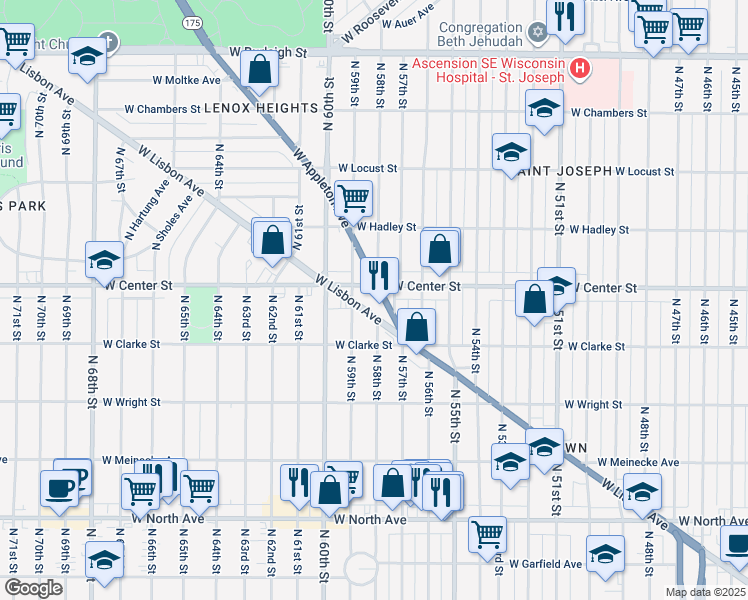 map of restaurants, bars, coffee shops, grocery stores, and more near 5724 West Center Street in Milwaukee