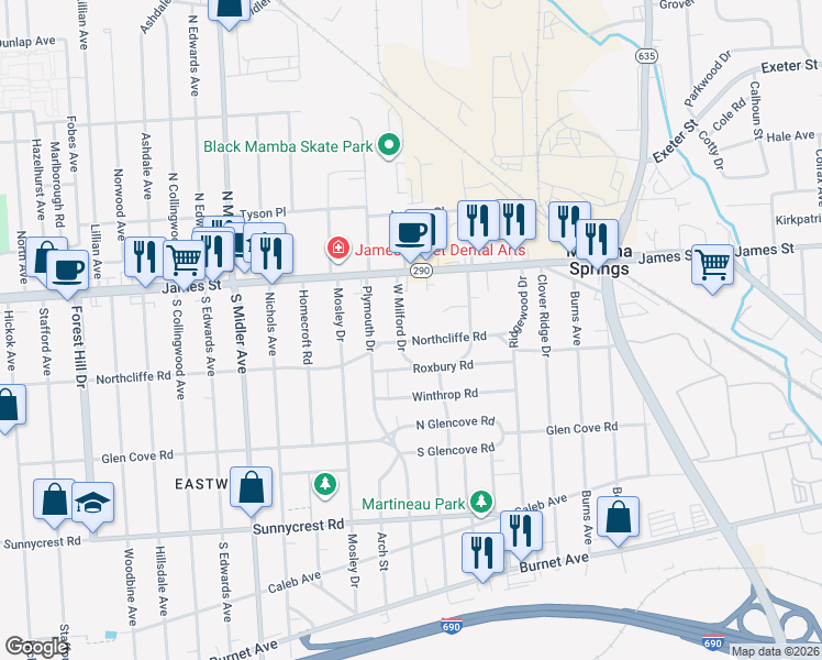 map of restaurants, bars, coffee shops, grocery stores, and more near 143 East Milford Drive in Syracuse