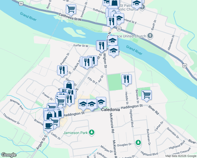 map of restaurants, bars, coffee shops, grocery stores, and more near 127 Ayr Street in Caledonia