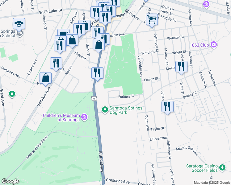 map of restaurants, bars, coffee shops, grocery stores, and more near 39 Thoroughbred Drive in Saratoga Springs