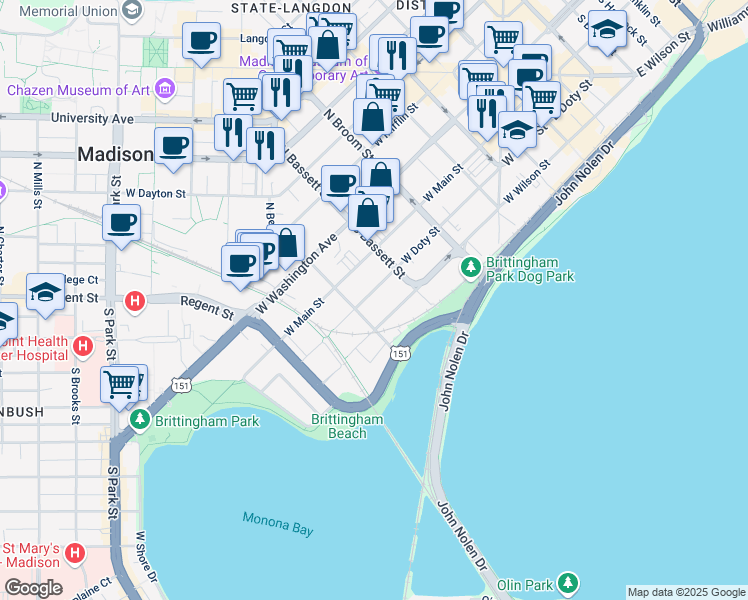 map of restaurants, bars, coffee shops, grocery stores, and more near 539 West Doty Street in Madison