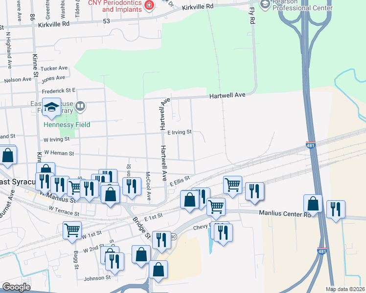 map of restaurants, bars, coffee shops, grocery stores, and more near 219 Dausman Street in East Syracuse
