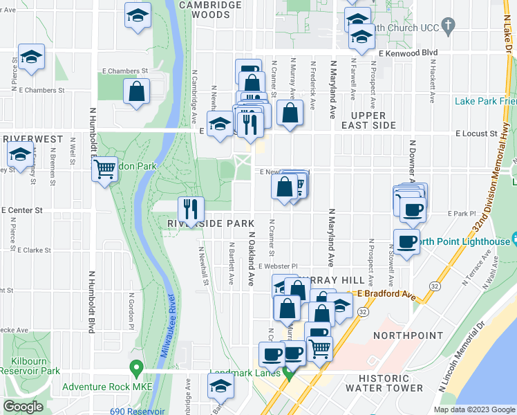 map of restaurants, bars, coffee shops, grocery stores, and more near 1806 East Park Place in Milwaukee