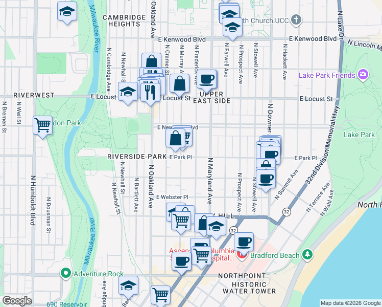 map of restaurants, bars, coffee shops, grocery stores, and more near 2020 East Park Place in Milwaukee