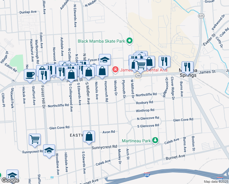map of restaurants, bars, coffee shops, grocery stores, and more near 135 Mosley Drive in Syracuse