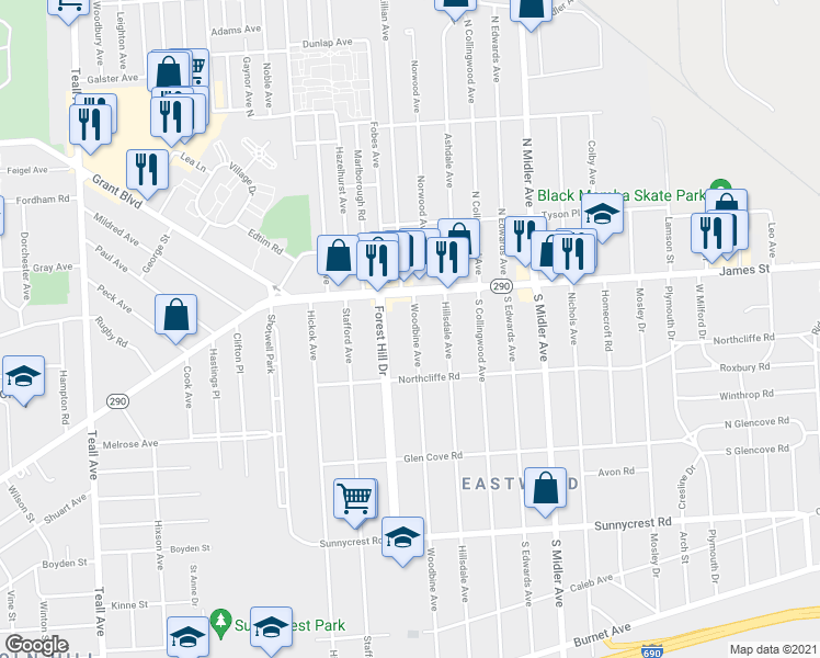 map of restaurants, bars, coffee shops, grocery stores, and more near 118 Woodbine Avenue in Syracuse