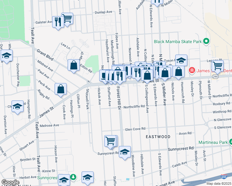map of restaurants, bars, coffee shops, grocery stores, and more near 116 Forest Hill Drive in Syracuse
