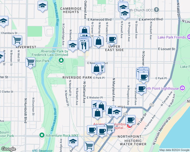 map of restaurants, bars, coffee shops, grocery stores, and more near 2728 North Cramer Street in Milwaukee