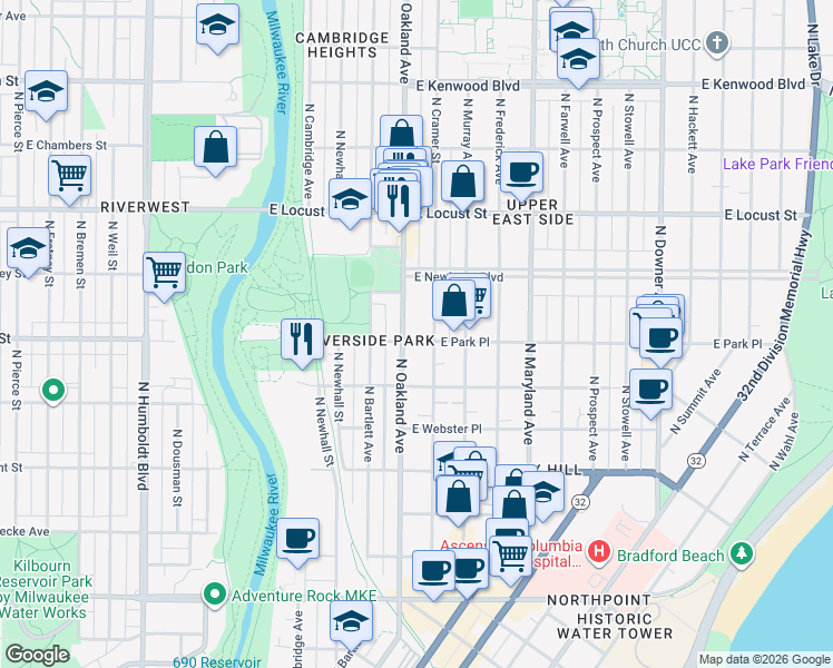 map of restaurants, bars, coffee shops, grocery stores, and more near 2729 North Oakland Avenue in Milwaukee