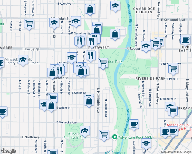 map of restaurants, bars, coffee shops, grocery stores, and more near 2715 North Humboldt Boulevard in Milwaukee