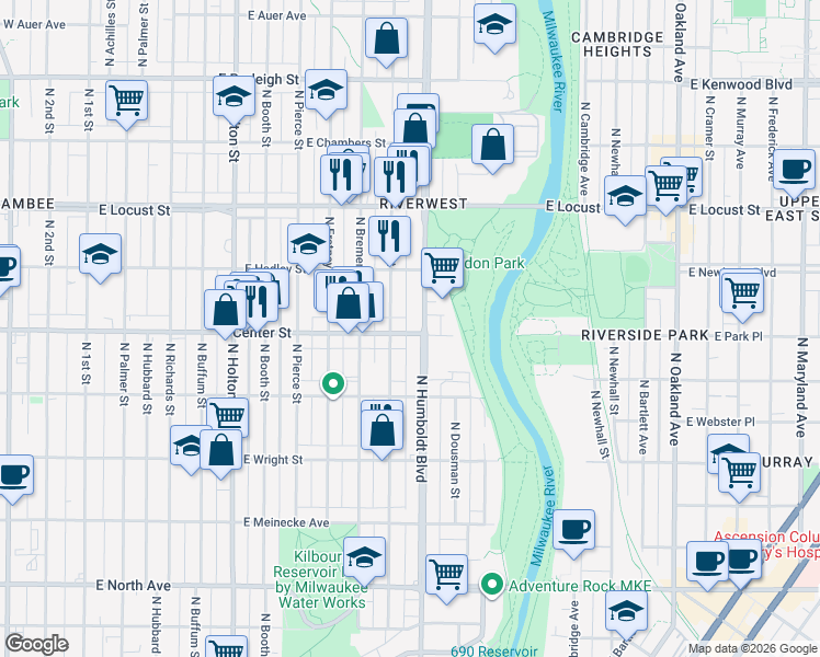 map of restaurants, bars, coffee shops, grocery stores, and more near 2715 North Humboldt Boulevard in Milwaukee