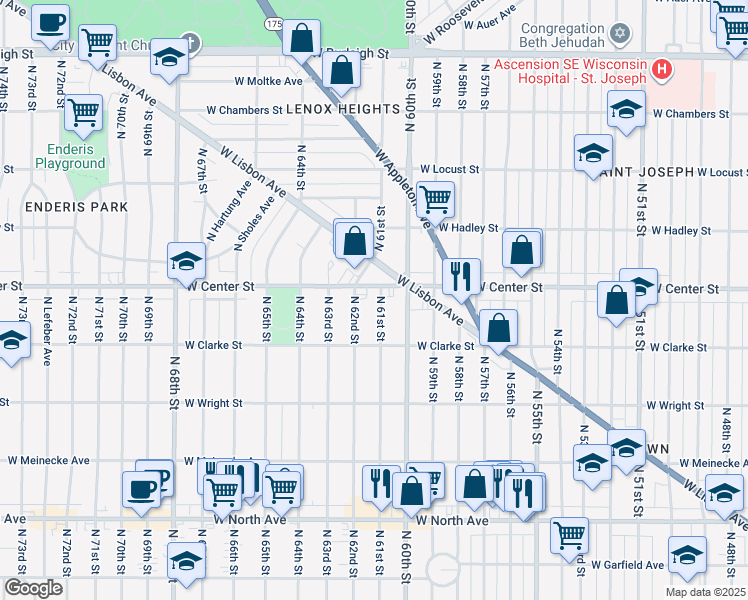 map of restaurants, bars, coffee shops, grocery stores, and more near 6031 West Center Street in Milwaukee