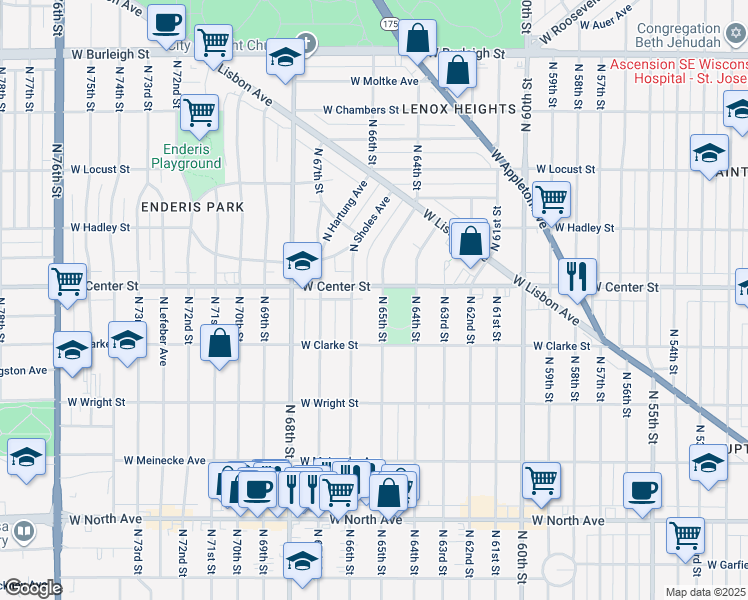 map of restaurants, bars, coffee shops, grocery stores, and more near 6520 West Center Street in Milwaukee