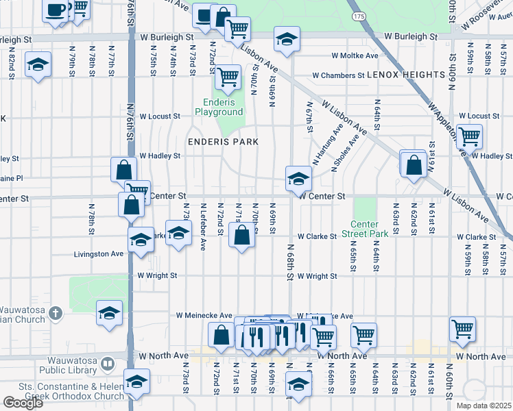 map of restaurants, bars, coffee shops, grocery stores, and more near 6915 West Center Street in Wauwatosa