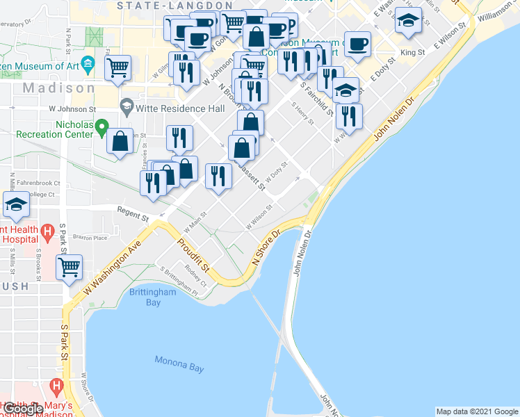 map of restaurants, bars, coffee shops, grocery stores, and more near 524 West Doty Street in Madison