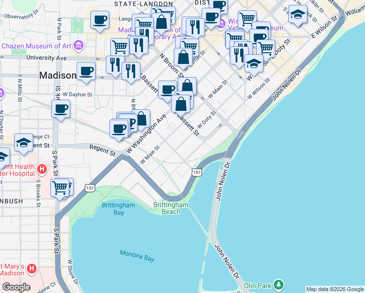 map of restaurants, bars, coffee shops, grocery stores, and more near 524 West Doty Street in Madison