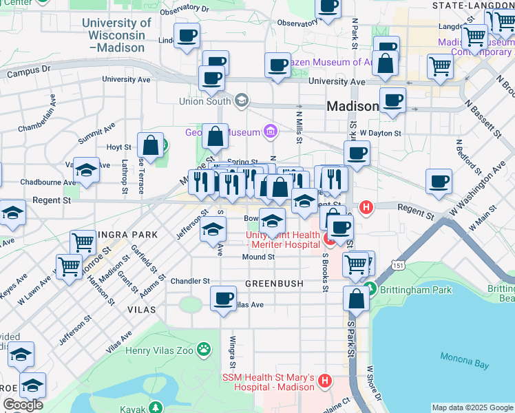 map of restaurants, bars, coffee shops, grocery stores, and more near 1202 Regent Street in Madison