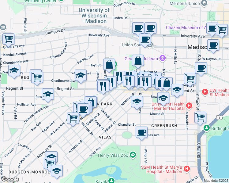 map of restaurants, bars, coffee shops, grocery stores, and more near in Madison