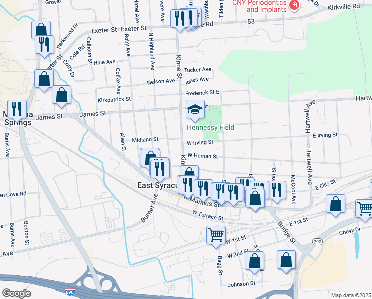 map of restaurants, bars, coffee shops, grocery stores, and more near 219 Kinne Street in East Syracuse