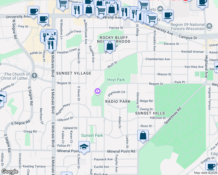map of restaurants, bars, coffee shops, grocery stores, and more near 3937 Regent Street in Madison