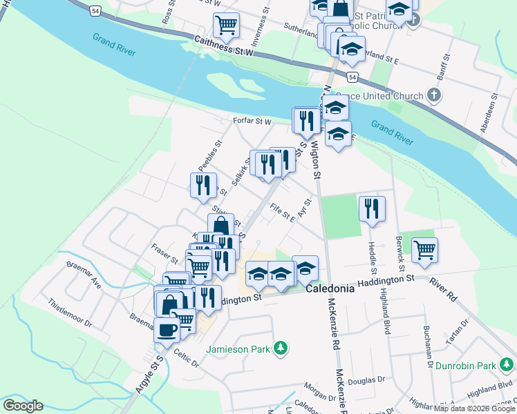 map of restaurants, bars, coffee shops, grocery stores, and more near 159 Argyle Street South in Caledonia