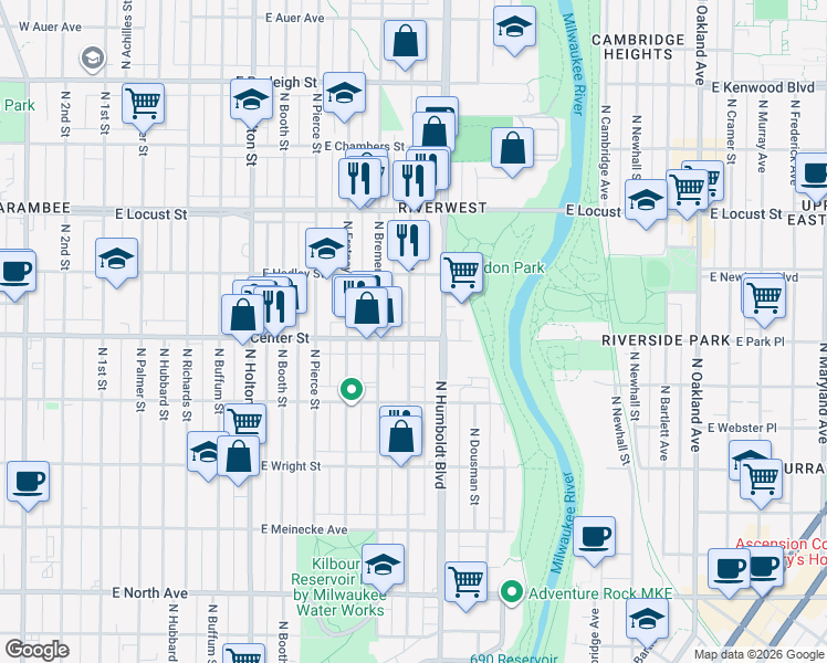 map of restaurants, bars, coffee shops, grocery stores, and more near 2708 North Weil Street in Milwaukee