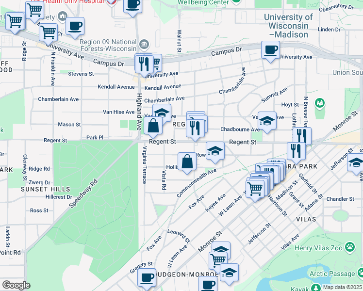 map of restaurants, bars, coffee shops, grocery stores, and more near 2224 Regent Street in Madison