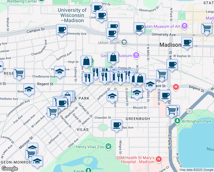 map of restaurants, bars, coffee shops, grocery stores, and more near 1423 Regent Street in Madison
