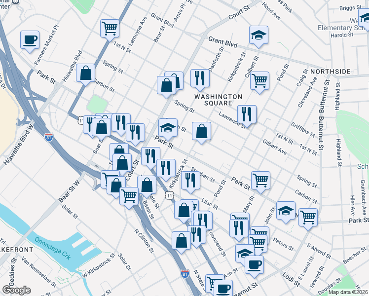 map of restaurants, bars, coffee shops, grocery stores, and more near 509 Kirkpatrick Street in Syracuse