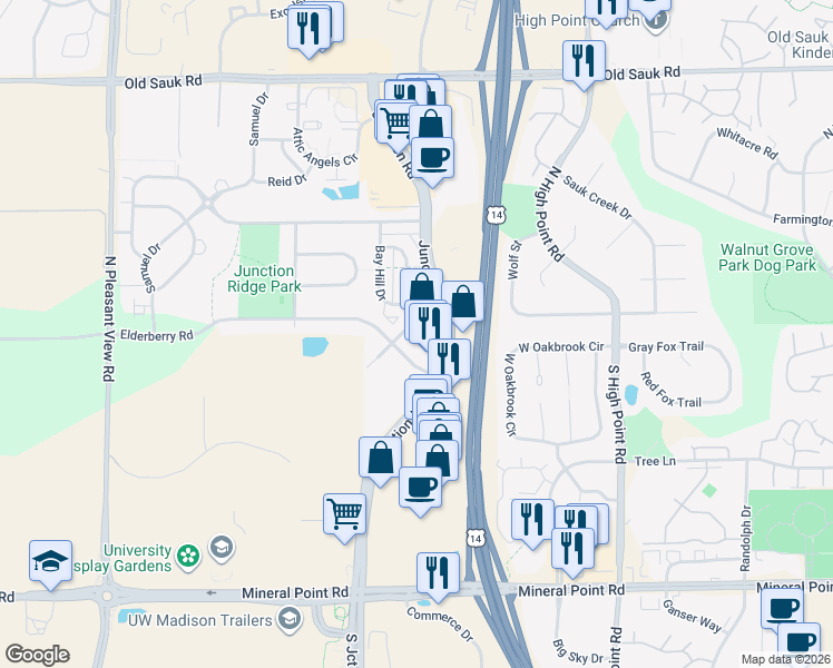 map of restaurants, bars, coffee shops, grocery stores, and more near 310 Harbour Town Drive in Madison