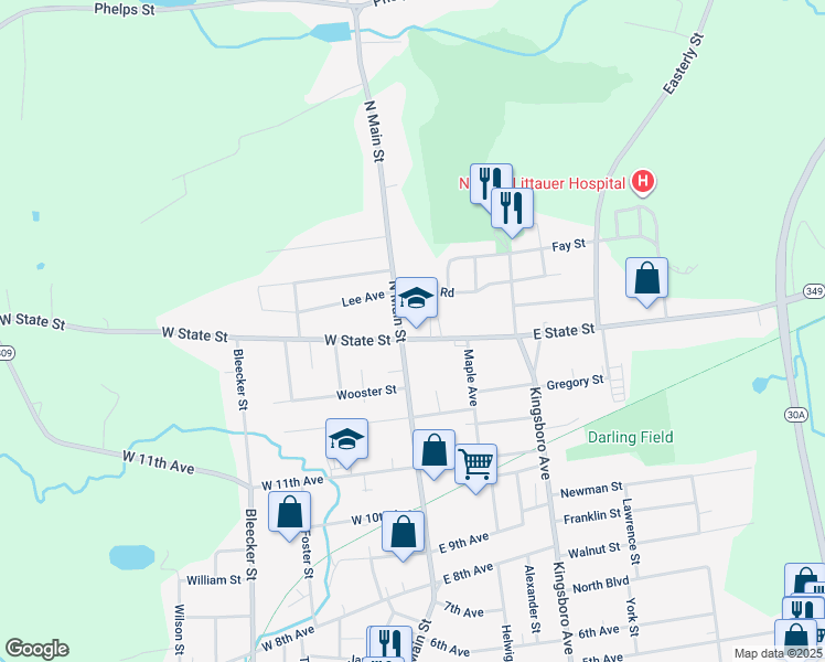map of restaurants, bars, coffee shops, grocery stores, and more near 12 Glove Street in Gloversville