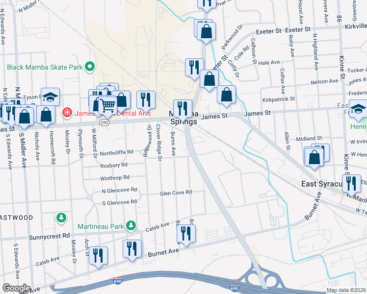 map of restaurants, bars, coffee shops, grocery stores, and more near 112-16 Boston Street in Syracuse