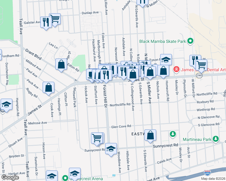 map of restaurants, bars, coffee shops, grocery stores, and more near in Syracuse