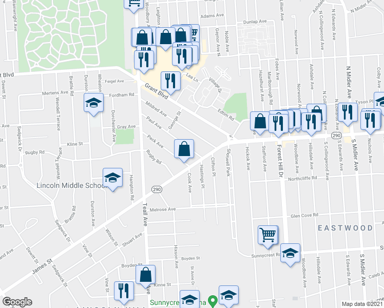 map of restaurants, bars, coffee shops, grocery stores, and more near 113 Paul Avenue in Syracuse